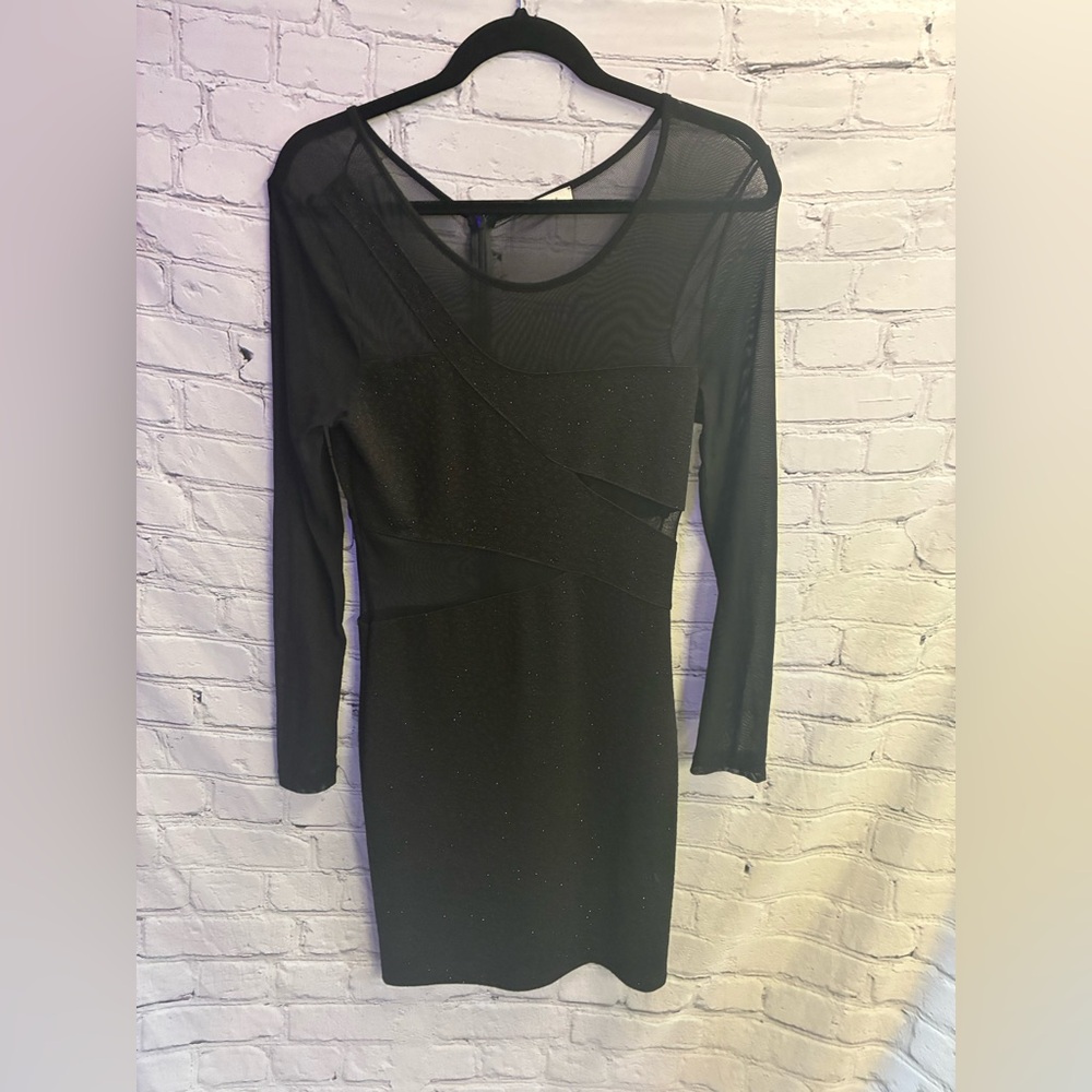 Just Me Women’s Black Long Sleeve Mesh Cut Out Sparkly Mini Clubbing Dress Sz L - Picture 1 of 9